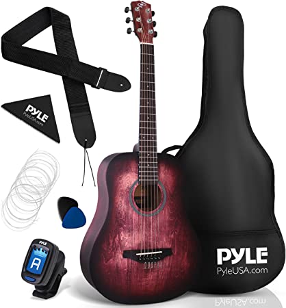 Pyle, Acoustic Guitar Starter Pack-34” ½ Junior Size 6 Linden Wood Red Burst Design w/Accessories Case Bag Steel Strings, Nylon Strap, Tuner, Picks, for Beginner, Right (PGA820)