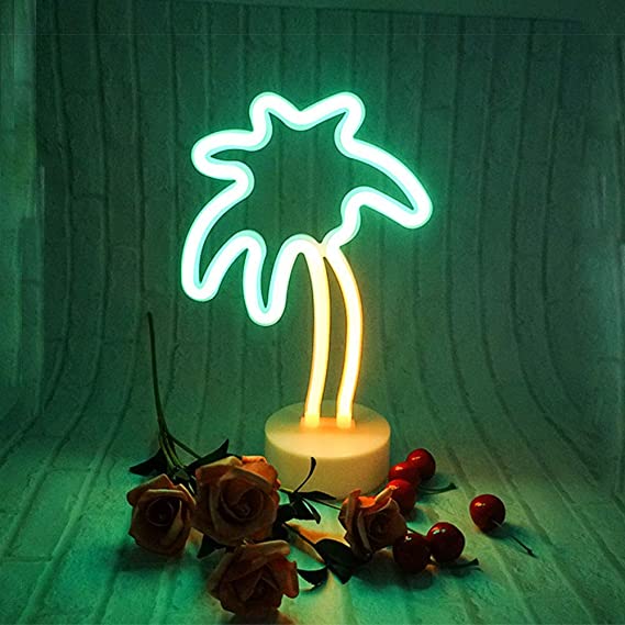 ENUOLI Coconut Palm tree Neon Signs LED Battery Operated USB Powered Neon Light with Holder Base for Party Supplies Girls Room Decoration Accessory for Luau Summer Party Children Kids Gifts
