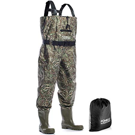 Foxelli Nylon Chest Waders – Camo Fishing Waders for Men with Boots - Use for Fly Fishing, Duck Hunting, Emergency Flooding – 100% Waterproof, Carrying Bag Included