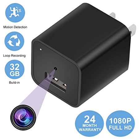 Hidden Camera Mini Charger Camera Smartcam 1080P 32Gb internal memory With Loop Recording Motion Detection Black 2018 Version