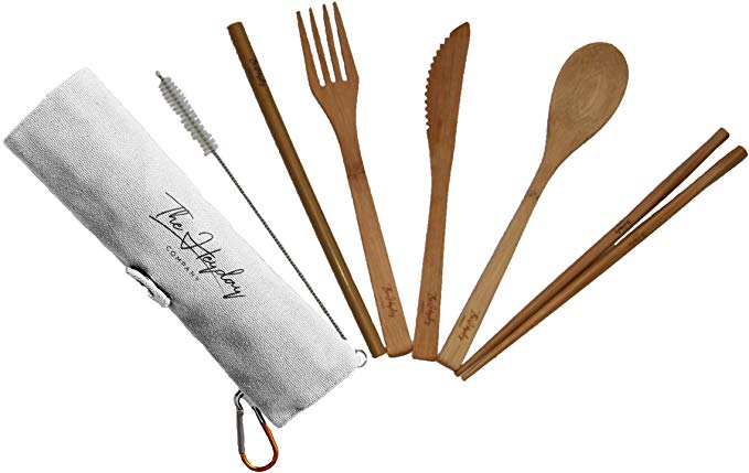 THE HEYDAY Bamboo Cutlery Set | Bamboo Utensils | Bamboo Flatware | Outdoor & Camping Eco-Friendly Travel Set | Bamboo Gift Set includes Knife, Fork, Spoon, Chopsticks, Straw FDA Certified (White)