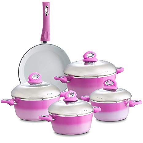 Chef's Star 9 Piece Professional Grade Aluminum Non-Stick Pots & Pans Set - Induction Ready Cookware Set … (Pink)