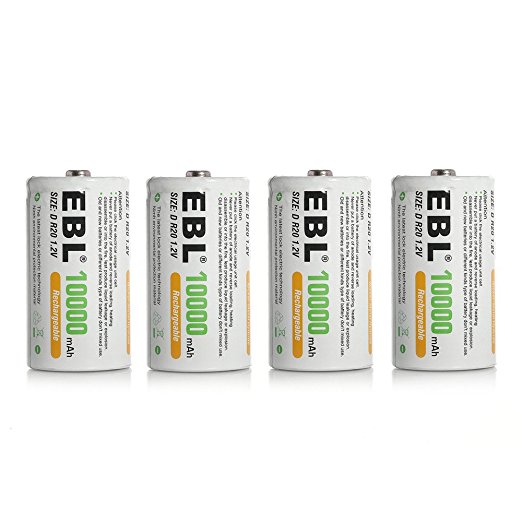 EBL 4 Pack 10000mAh D Size Rechargeable Batteries Super Capacity Ni-MH D Cells