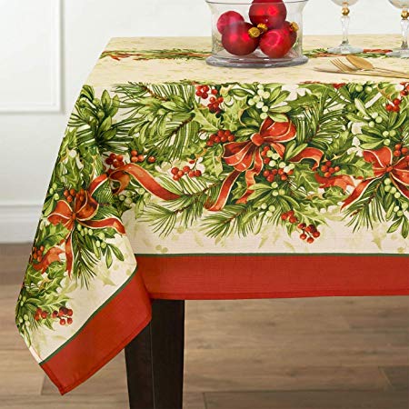 Newbridge Holly Ribbon Traditions Fabric Christmas Holiday Tablecloth, Xmas Ribbons Double Border Tablecloth, 60 Inch x 144 Inch Oblong/Rectangle