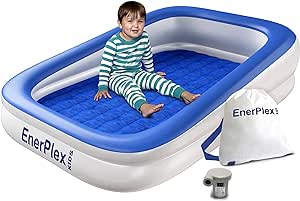 EnerPlex Kids Inflatable Toddler Travel Bed with High Speed Pump, Portable Air Mattress for Kids, Blow up Mattress with Sides – Built-in Safety Bumper