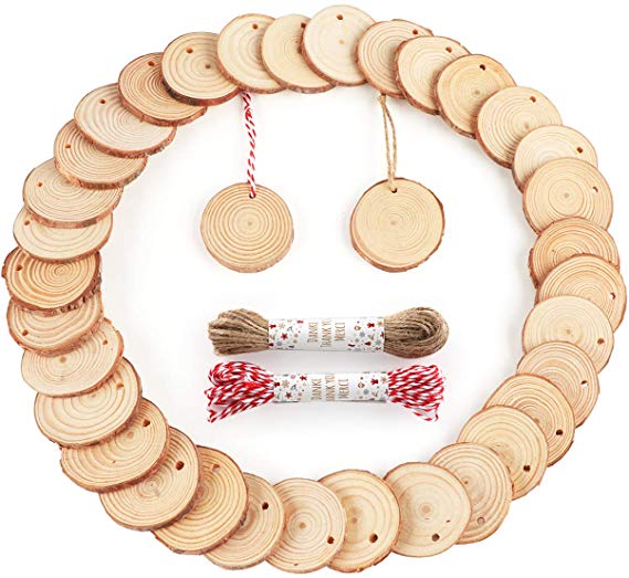 Wood Slices Ornaments 60Pcs 1.7"-2.2" Natural Unfinished Wood Rounds Predrilled Wood Circles with Holes and 66 Feet Twine String for Christmas Home Hanging Decorations Crafts