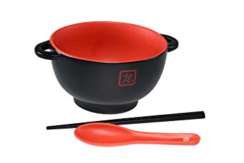 Japanese Ceramic Ramen Bowl Set - 3-pc Set Red 龙 Dragon Noodle Bowl with Soup Spoon & Chopstick | Soup Bowls for Noodle Soup, Ramen, Udon, Miso, Thai, Curry, Soba, Pho Soup | 42 oz by Goodscious