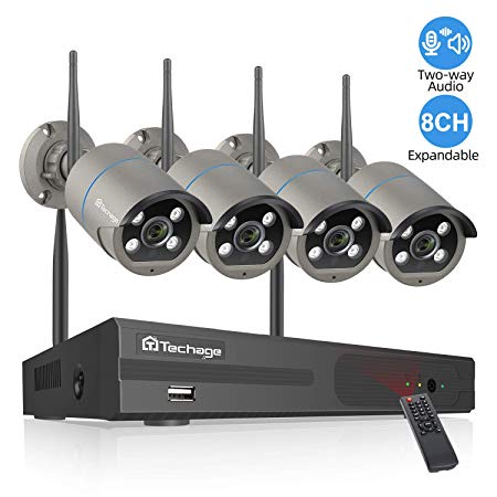 Techage Security Camera System Wireless, 8CH 1080P WiFi Surveillance Camera System Wireless,4 Weatherproof IP Cameras Auto Pair WiFi H.265 NVR,Two-Way Audio,Motion Alerts,Remote View(No Hard Drive)