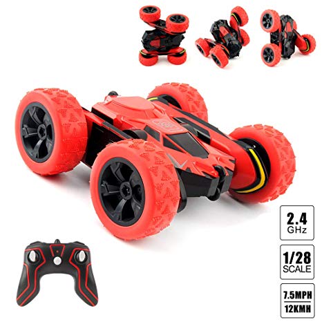 Red RC Car Toys 4WD 1:28 Scale Stunt Remote Controlled Vehicle, 2.4GHz Racing Electric Double-Sided Truck, 360°Rotating Red RC Car Toys for Kids and Adults