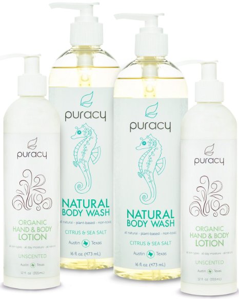 Puracy Natural & Organic Personal Care Set - Sulfate-Free Body Wash & Clinical-Grade Hand & Body Lotion - Developed by Doctors - Pack of 4