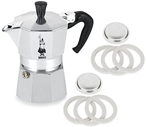 Original Bialetti 1-Espresso Cup Moka Express | Espresso Maker Machine and Genuine Bialetti, Six Replacement Gaskets and Two Bialetti Replacement Filter Plates Bundle (1-cup, 2.0 fl oz, 60 ml)