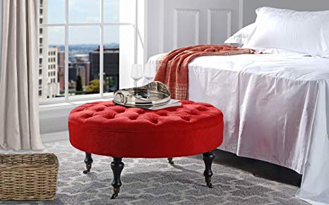 Divano Roma Furniture - Round Tufted Microfiber Coffee Table with Casters, Ottoman with Wheels (Red)