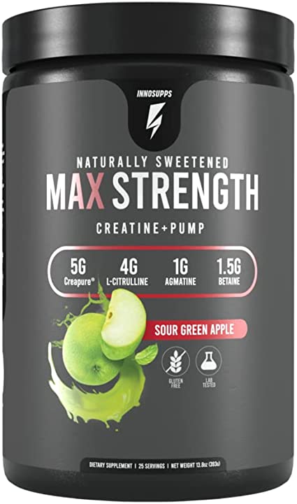 Inno Supps Max Strength - Advanced Creatine   Pump Booster, Creapure 5g, HMB 500mg, L-Citruline 4g, All Natural, No Artificial Sweeteners, Keto Friendly, Vegan, Non-GMO, Gluten Free (Sour Apple)