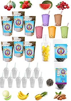 The ULTIMATE DIY Boba/Bubble Tea Kit, 60  Drinks, 6 Flavors, Boba Pearls, Cups, Straws and Shaker (FRUITY)