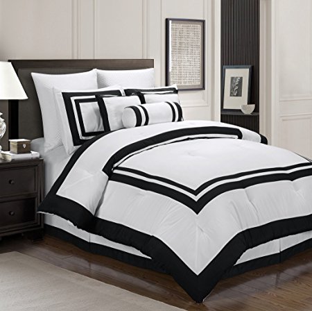 Chezmoi Collection 7-Piece Caprice White with Black Square Pattern Hotel Comforter Set, Queen