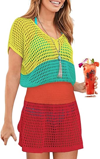 Bsubseach Women Crochet Hollow Out Swim Cover Ups Short Sleeve Beach Swimwear Tunic Dress