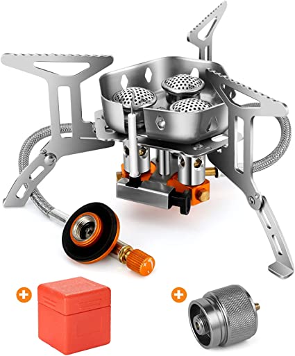 Odoland 3500W/6800W Windproof Camp Stove Camping Gas Stove with Fuel Canister Adapter, Piezo Ignition, Carry Case, Portable Collapsible Stove Burner for Outdoor Backpacking Hiking and Picnic