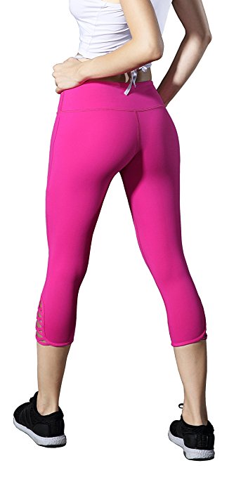 Heat Move Women's Mid Waist Workout Yoga Capri Pants Crisscross Strappy Mesh Yoga Leggings With Hidden Pocket (XS-XL)