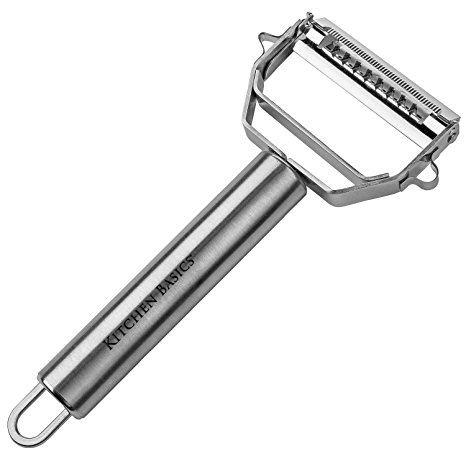 Kitchen Basics® Heavy Duty Commercial Grade Amazing 2-in-1 Peeler – Julienne Peeler / Peel, Slice, Grate, Shave, Shred and Garnish Vegetables & Fruits with Speed and Ease / High Quality Stainless Steel, Ultra-Sharp Blades / Peel in Any Direction; Cut Prep Time in Half / Also Grate Cheese, Can Peel Pineapples