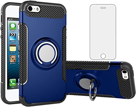 Phone Case for Apple iPhone 5S 5 SE 5SE 2016 with Tempered Glass Screen Protector Cover Stand Ring Holder Hybrid Cell Accessories iPhone5 iPhone5s iPhoneSE iPhone6se i 6SE iPhone5se Cases Men Blue