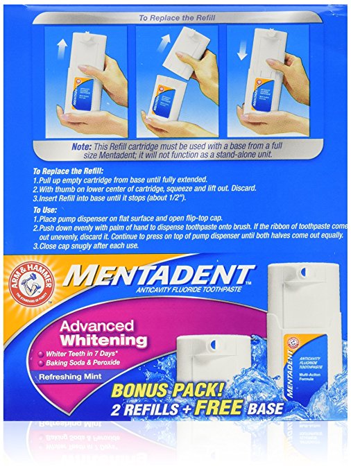 Mentadent Advance Whitening Refreshing Mint Bonus Pack Free Base & 2 Refills 5.25 OZ
