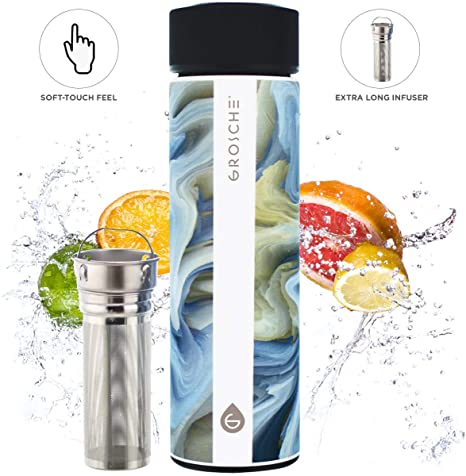 GROSCHE Chicago Soft Touch (Saturn) Fruit Infuser Water Bottle Double Walled Tea Infuser Bottle Vacuum Insulated Stainless Steel Water Bottle Vacuum Flask 450 ml/ 15.2 fl. Oz Extra Long Tea Infuser