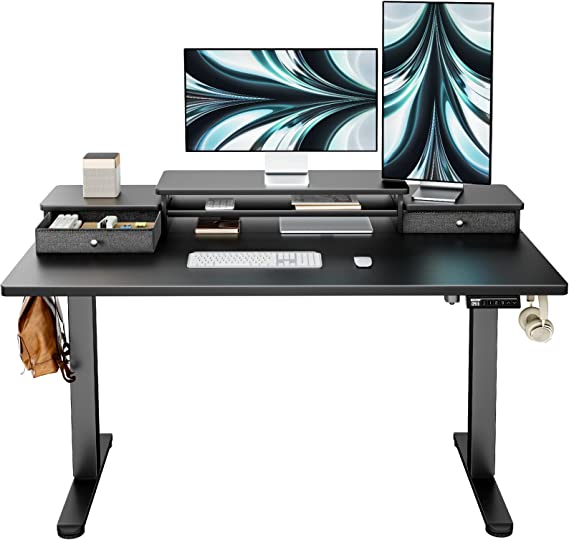 ErGear Electric Standing Desk with Double Drawers, 48x24 Inches Adjustable Height Sit Stand Up Desk, Home Office Desk Computer Workstation with Storage Shelf, Black