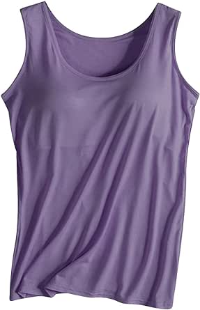 Women's Basic Tank Tops with Build-in Bras Round Neck Sports Camisole Solid Color Wireless Soft Yoga T-Shirt Bras