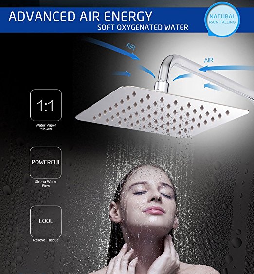S R SUNRISE 8-Inch Square Stainless Steel Rain Shower head Ultra Thin Fxied Mounted High Pressure Shower Head Chrome Finish Sliver ARS0808JX