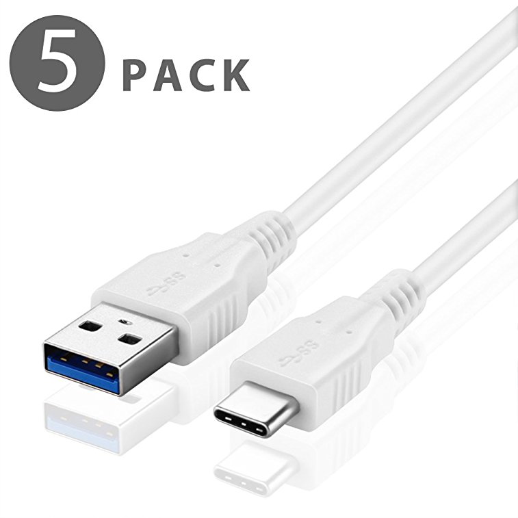 TNP USB Type C to Type A Cable, USB-C to USB-A Cable Adapter Connector Plug Wire Cord, Super Speed USB 3.0 Male to Male Sync & Charge Cable (3FT (5 Pack), White)