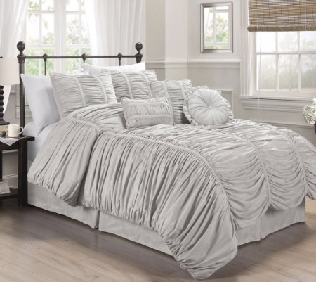 Chezmoi Collection 7-piece Chic Ruched Duvet Cover Set, Silver Gray, Queen Size (with Throw Pillows)