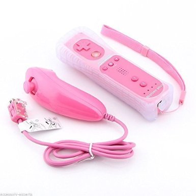 Yorking8482 2in1 Built in Motion Plus Remote and Nunchuck Controller for Wii  Case Skin Pink