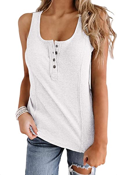 Dellytop Womens Casual Workout Tank Tops Button Up Scoop Neck Summer Sleeveless Ribbed Henley Shirts