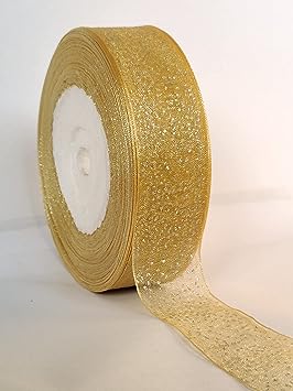 UKIYO | Sparkling Organza Ribbon (L=5 Meter,W=1 Inch) for Bridal Gift wrap, Wrapping Bows, Gift Bows, Christmas Bows, Party Decoration (Light Gold)