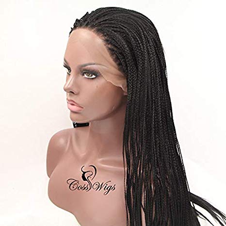 Cosswigs Braided Lace Front Wigs Synthetic Hair Natural Black Heat Resistant Hair Braided Wigs for Black Women Half Hand Tied 20inches
