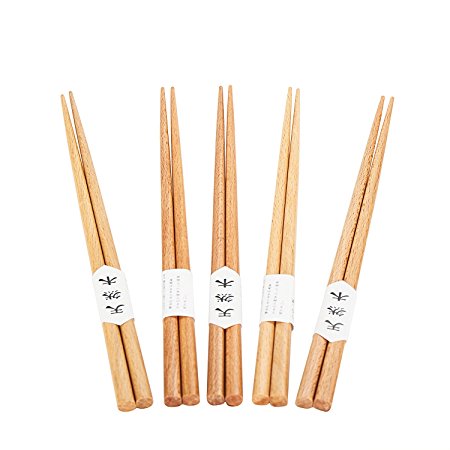 Garcoo Natural Beech Wood Japanese Chopsticks, Pack of 5, Smooth Surface, Premium Quality, 8.75-inch Long