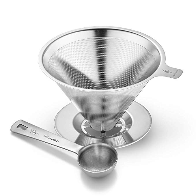 Soulhand Pour Over Metal Coffee Dripper, Reusable Stainless Steel Filter Cone Single Serve Coffee Brewer Maker, with 15ml/1tbsp Coffee Scoop for Home Office Travel Camping
