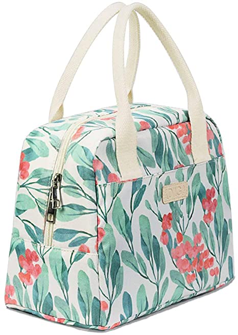 DIIG Lunch Box for Women, Insulated Lunch Bags for Women, Large Cooler Tote For Work, Floral Reusable Snack Bag with Pocket, Sunflower Printing/Gray/Black/White (Flower/White)