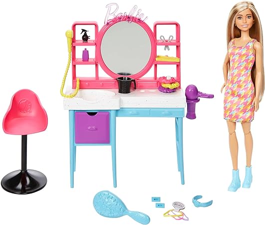 Barbie Doll and Hair Salon Playset with 15 Styling Accessories and Furniture, Long Color-Change Hair and Printed Dress