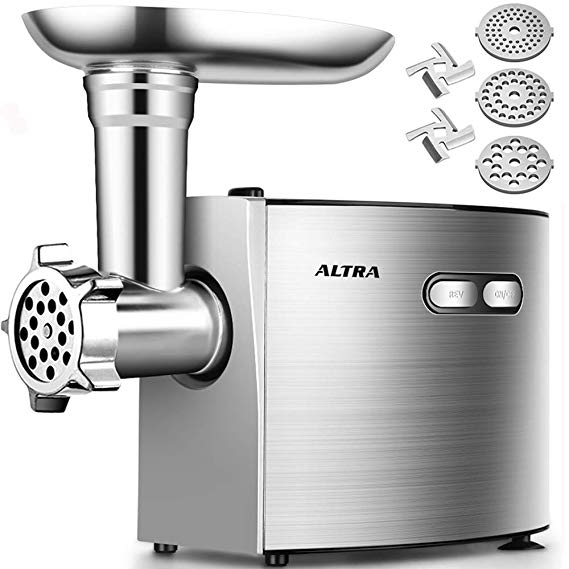 Electric Meat Grinder, ALTRA Stainless Steel Sausage Stuffer Maker & Meat Mincer Machine【2000W Max ETL Approved】 with 3 Grinding Plates, 2 Blades, Sausage & Kubbe Kit, Kitchen & Commercial Use, Silver