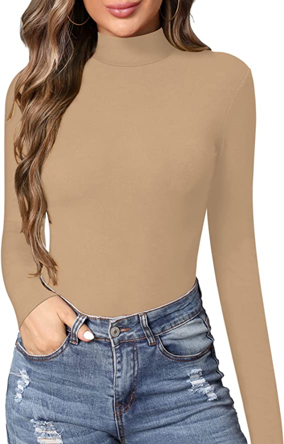 MANGOPOP Women's Mock Turtle Neck Slim Fit Long Sleeve T Shirts Tight Tops Tee