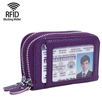 RFID Genuine Leather Secure Spacious Cute Zipper Card Wallet Small Purse with ID Card Window for Men and Women
