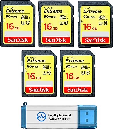 SanDisk Extreme 16 GB SD Card (5 Pack) Speed Class 10 UHS-1 U3 C10 4K HD 16G SDHC Memory Cards for Compatible Digital Camera, Computer, Trail Cameras