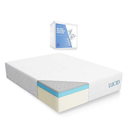 LUCID 14 Inch Memory Foam Mattress - Triple-Layer - 5.3 Pound Density Ventilated Gel Memory Foam - CertiPUR-US Certified - 10-Year Warranty - King  with LUCID Encasement Mattress Protector - King