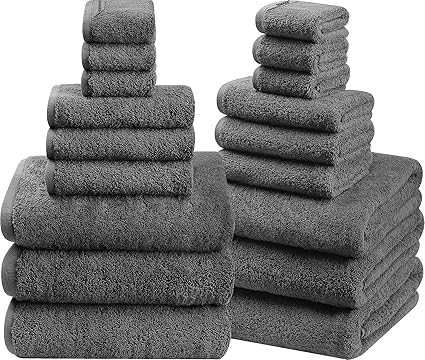 SEMAXE 18-Pack Bath Towel Set Include 6 Bath Towels, 6 Hand Towels, 6 Wash Cloths, 100% Cotton Bathroom Towels with Hanging Loops and Nano-Bio Lifecycle Labels, Soft and Absorbent Towel, Grey