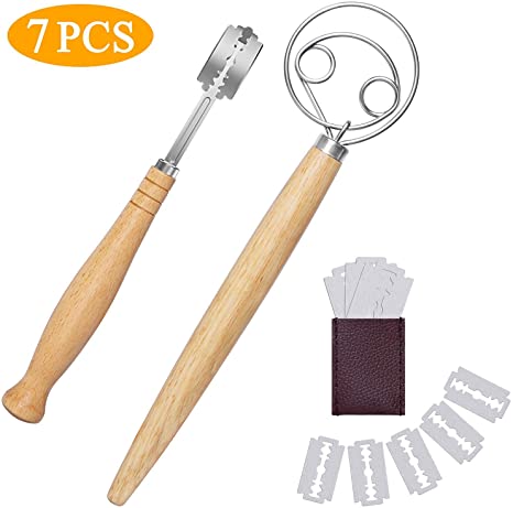 Acerich Danish Dough Whisk Set, Stainless Steel Danish Dough Wisk Bread Lame Set with 5 Replacement Lame Blades, Dough Whisk for Baking Cake Pizza