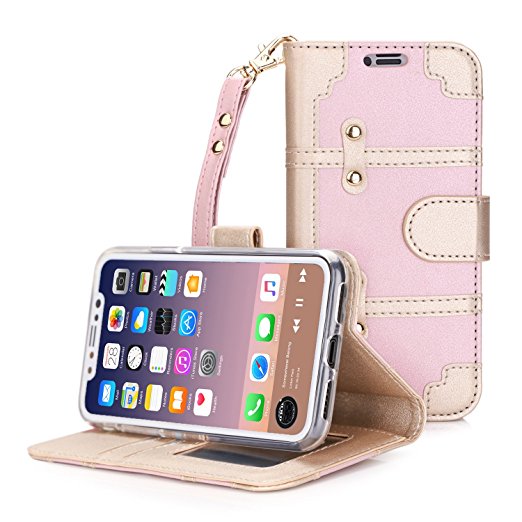 BeePole iPhone X Wallet Case, iPhone 10 Case with Card and Cash Slot - PU Leather Flip Case Cover for Apple 5.8" iPhone X / iPhone 10, Pink