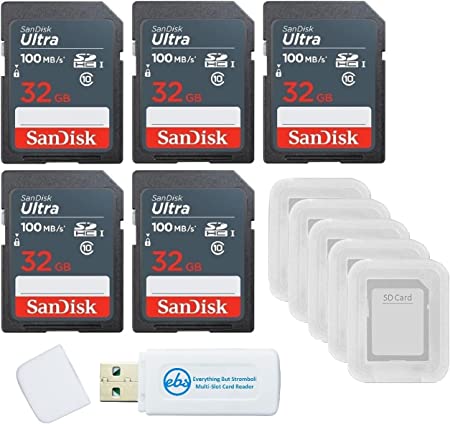 SanDisk 32GB Ultra SD Memory Card 5 Pack SDHC UHS-I Class 10 (SDSDUNR-032G-GN3IN) Bundle with 5 SD Card Cases & 1 Everything But Stromboli Card Reader