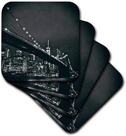 3dRose cst_219800_2 New York Scene of The Brooklyn Bridge & Manhattan Skyline At Night Soft Coasters, (Set of 8), Multicolor