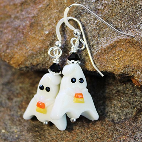 Halloween Ghosts Holding Candy Corn Earrings, Sterling Silver